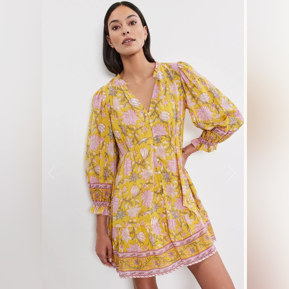 Velvet by Graham and Spencer Floral Yellow Dress 100% Cotton Size Medium